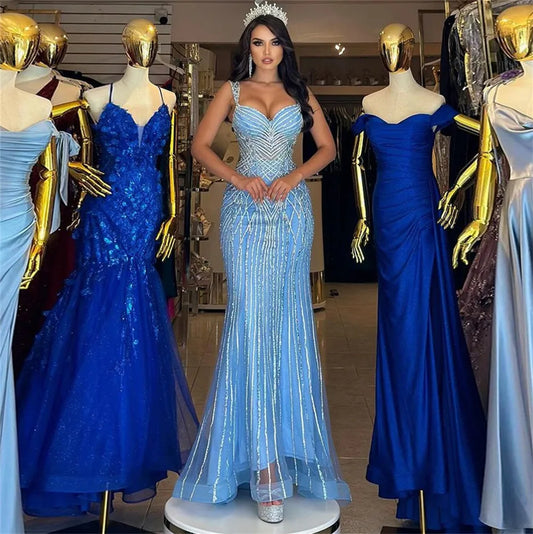 Mature Sky Blue Prom Dress Mermaid Strapless Spaghetti Strap Ankle Length Formal Evening Dress Women Party Gowns Blue