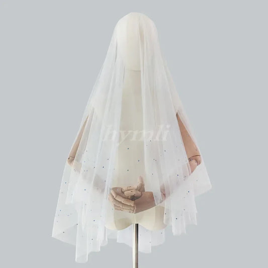 Ivory Tulle Wedding Veil with Blue Rhinestones, 2 Tier Blusher Bridal Veil, Off-White Ivory
