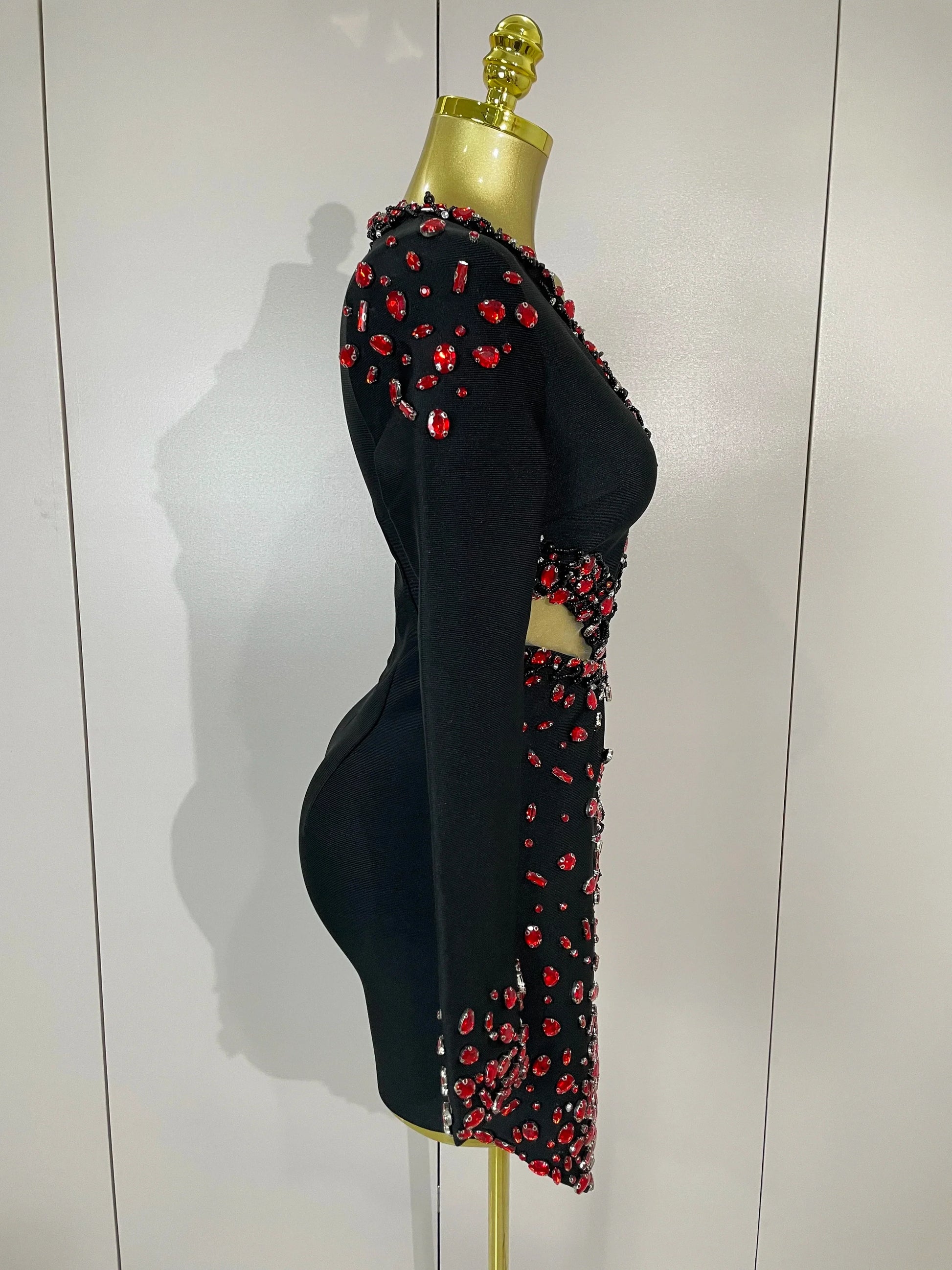 Women Celebrity Sexy Long Sleeve V Neck Rhinestone Black Bandage Dress Elegant Evening Club Luxury Birthday Party Dresses
