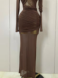 Women Elegant Brown Mesh Fold Long Sleeve Bodycon Dress Evening Party Club Sexy Perspective Fashion Luxury Birthday Dresses