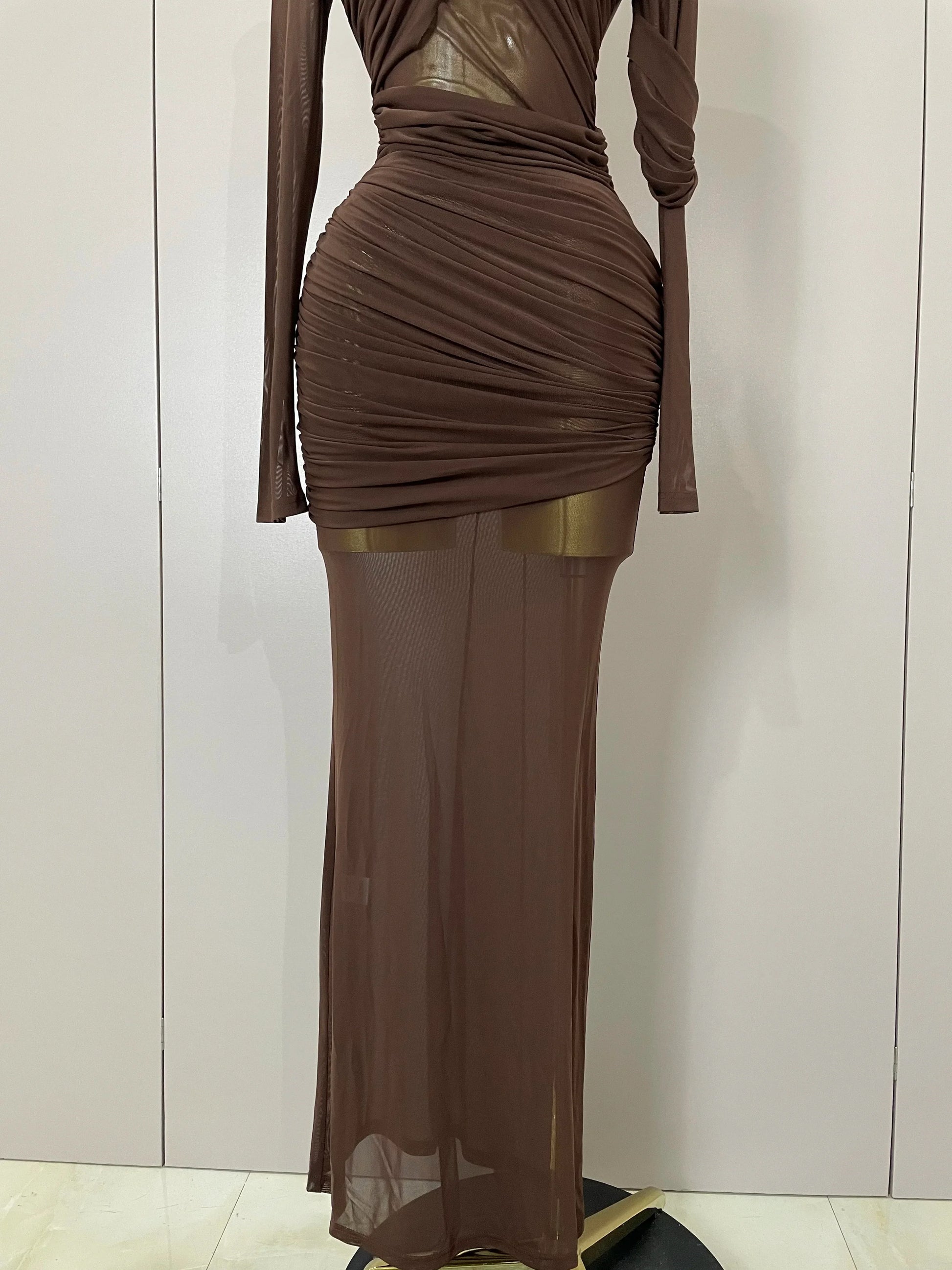 Women Elegant Brown Mesh Fold Long Sleeve Bodycon Dress Evening Party Club Sexy Perspective Fashion Luxury Birthday Dresses