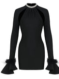 Sexy Women's Light Luxury Nail Bead Hollow Bandage Dress O-neck Trumpet Sleeve Feather Design Bodycon Mini Dress Vestidos