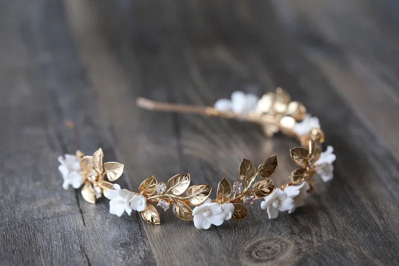 Vintage Gold Color Headband Hairband Porcelain Flower Leaf Zircon Headpiece Bride Women Wedding Accessories Bridal Hair Jewelry