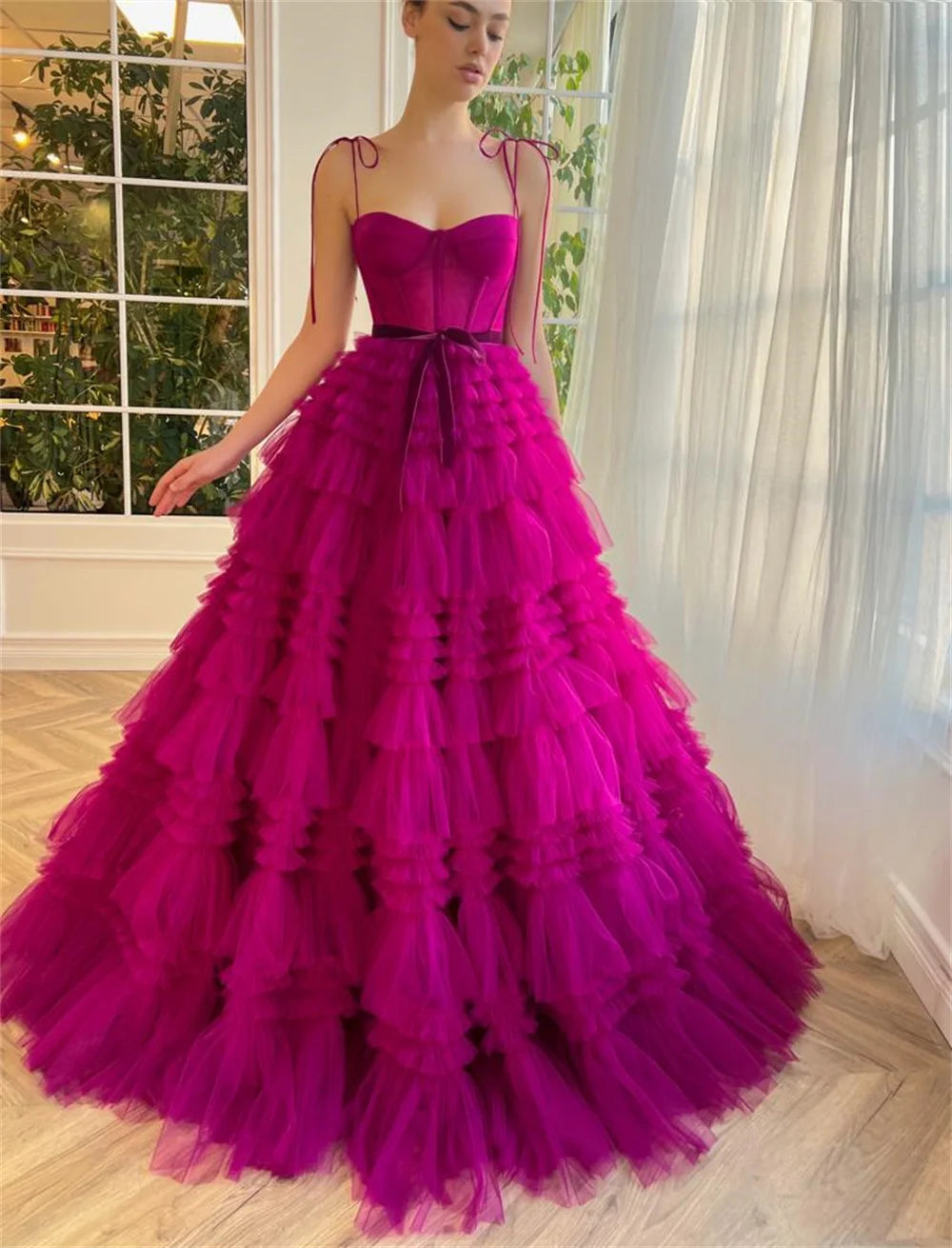 Sexy Spaghetti Strap Fuchsia فساتين السهرة Multilayer Tulle A-line Prom Dress Princess Puffy Vestidos De Noche