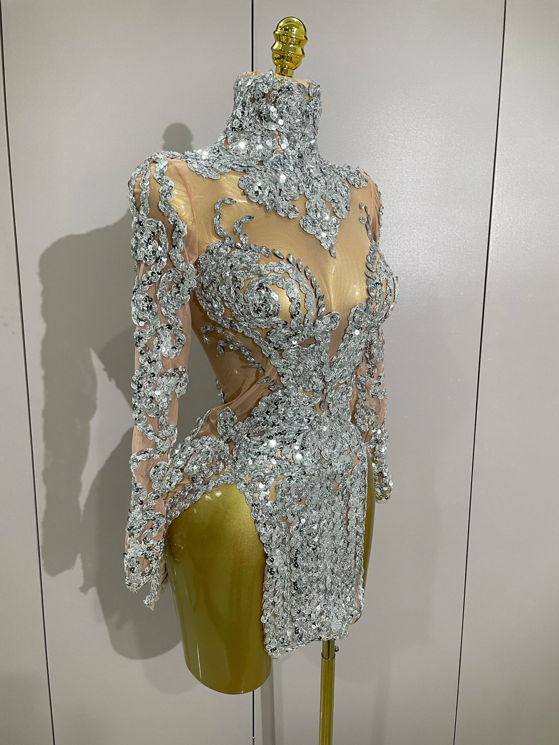 Luxury Sparkly Sequins Stretch Long Sleeve Mesh Mini Dress Women Birthday Party Nightclub Dancer Stage Performance Costume