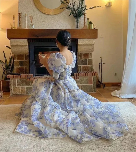 Amanda Princess Blue vestidos de noche Floral Print Prom Dresses Sweetheart Puffy Sleeves Floor-Length Tulle Formal Evening 2024