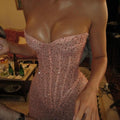 Pink Color Dazzling Diamonds Strapless Ankle Length Evening Dress Woman Birthday Party Dress Celebrity Evening Party Outfit