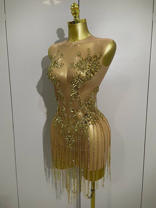 Luxury Sparkly Rhinestones Chain Sleeveless Mini Dress Women Sexy Performance Dance Nightclub Outfit Birthday Party Dress