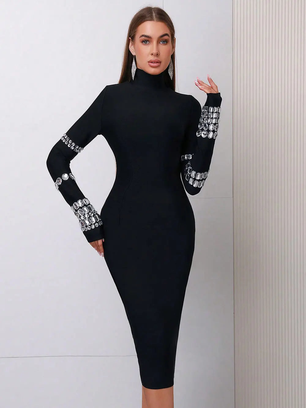 Elegant Women's Bead Design Bandage Dress High Neck Long Sleeve Bodycon Flute Dress Cocktail Evening Party Vestidos