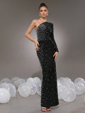 Elegant Women Light Luxury Nail Bead Bandage Dress with Slant Neck Single Shoulder Sleeve Bodycon Black Long Dress Vestidos