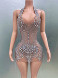 Women Sexy Halter Crystal Bodycon Mini Dress Celebrate Nightclub Party Performance Birthday Photo Shoot Dress GRAY
