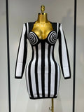 WomenLuxury Sexy Long Sleeve Stripe Black White Mini Bandage Dress Knitted Celebrity Elegant Evening Club Birthday Dresses black