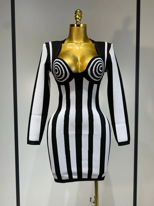 WomenLuxury Sexy Long Sleeve Stripe Black White Mini Bandage Dress Knitted Celebrity Elegant Evening Club Birthday Dresses black