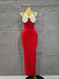 Black Red Color Women Sleeveless Sexy Strap Square Collar Bodycon Long Bandage Dress Celebrate Nightclub Party Red Carpet Dress Red