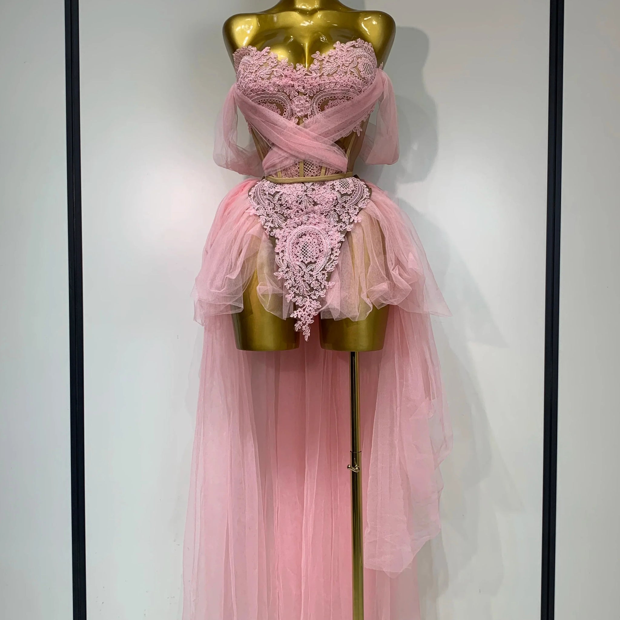 Women Sexy Strapless Pink Mesh Two Pieces Set Prom Gown Celebrate Birthday Nightclub Party Singer Stage Performance Costume Pink