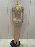 Sparkly Silver Big Rhinestone Sexy Transparent Long Dress Women Evening Birthday Party Celebrate Club Dancer Stage Costume