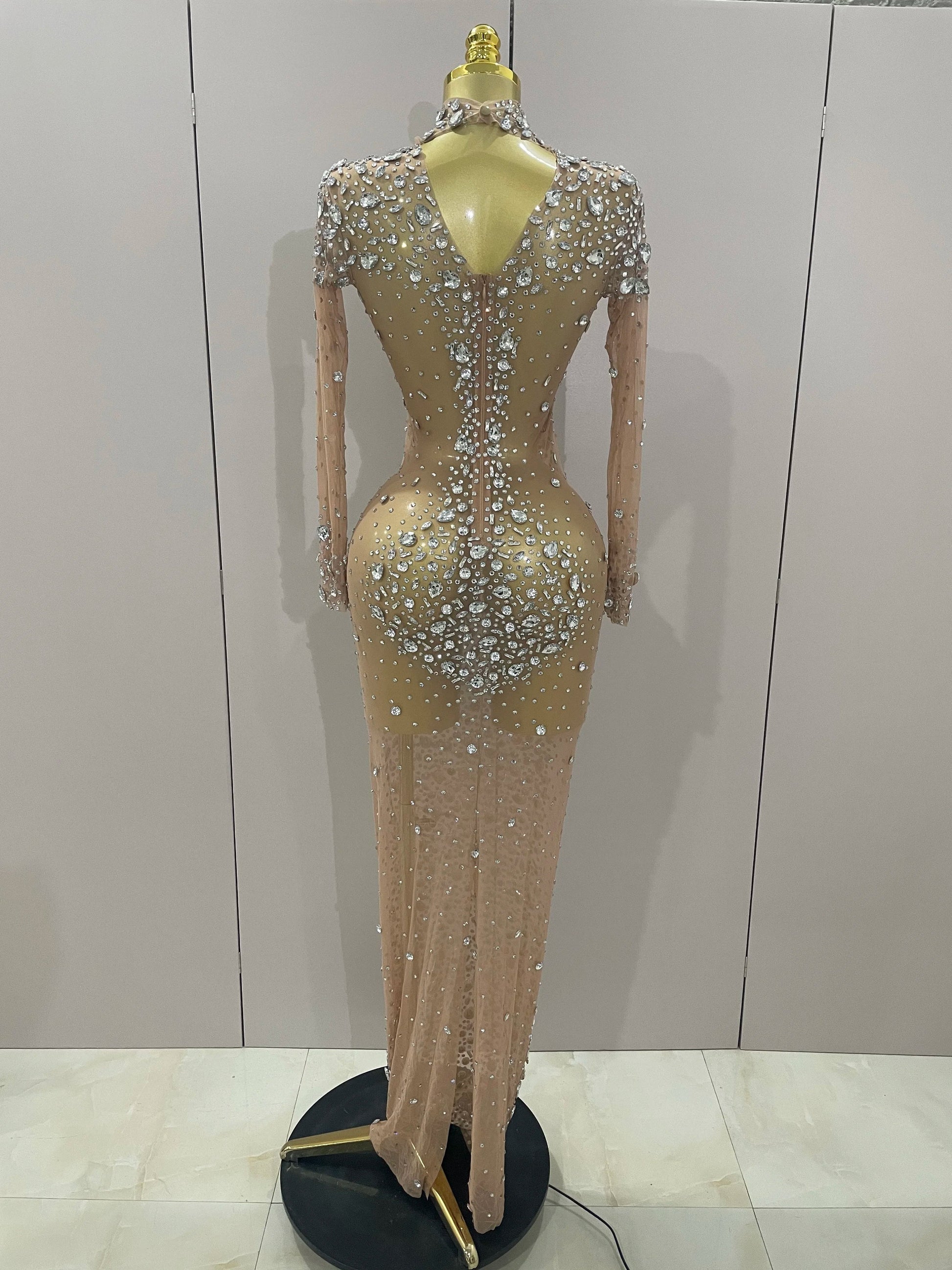 Sparkly Silver Big Rhinestone Sexy Transparent Long Dress Women Evening Birthday Party Celebrate Club Dancer Stage Costume