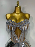 Sparkly Sliver Rhinstones tassels Top Skirt Two Piece Set Women Sexy Strapless Nightclub Birthday Evening Party Stage Outfit
