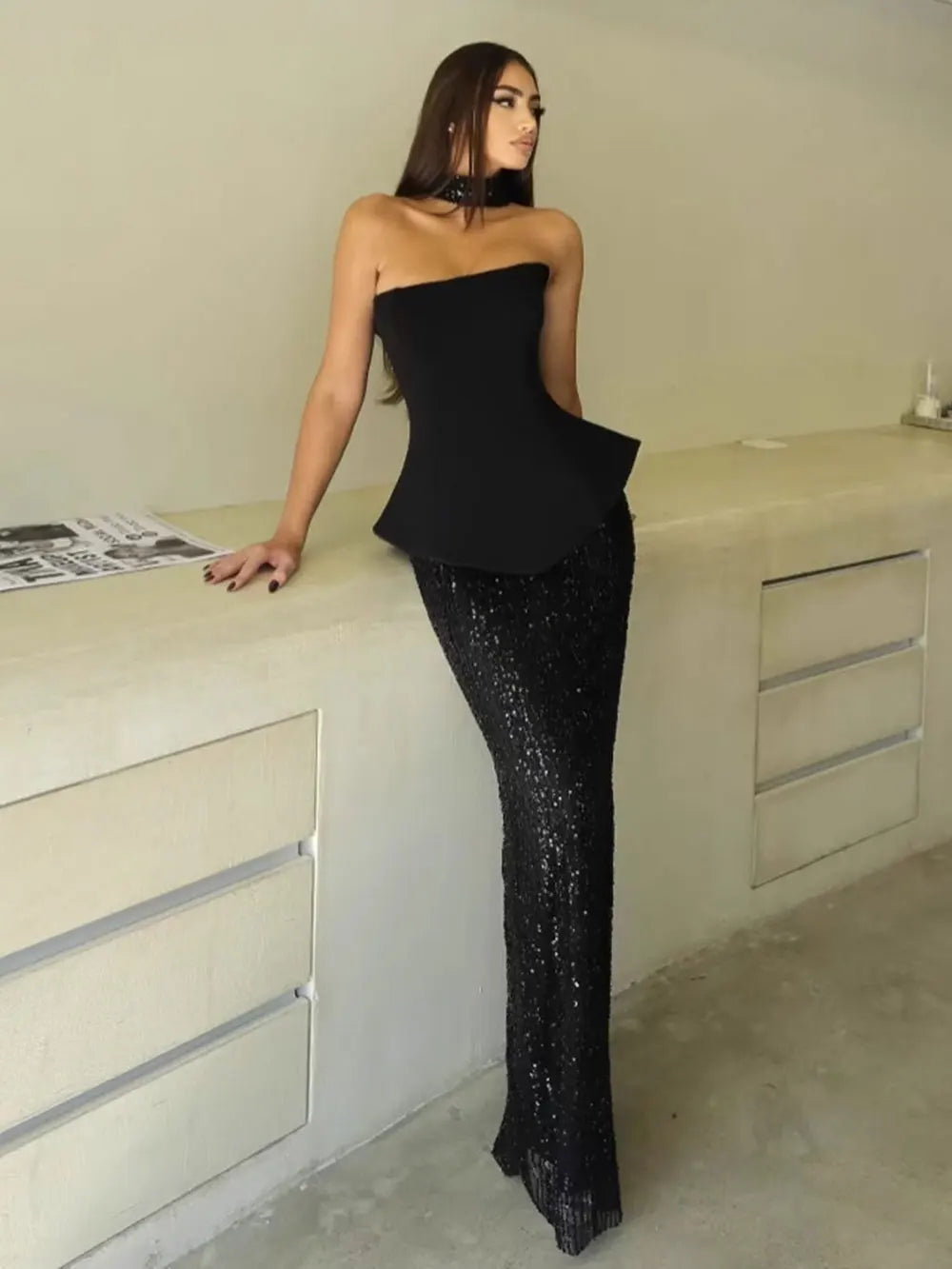 Elegant Women's Light Luxury Dress+Strapless Sleeveless Bodycon Patchwork Long Dress Cocktail Evening Party Vestidos