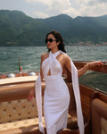 Long Ribbon Sexy V-Neck Sleeveless Halter White Mini Ankle length Woman Birthday Party Dress Celebrity Evening Party Outfit
