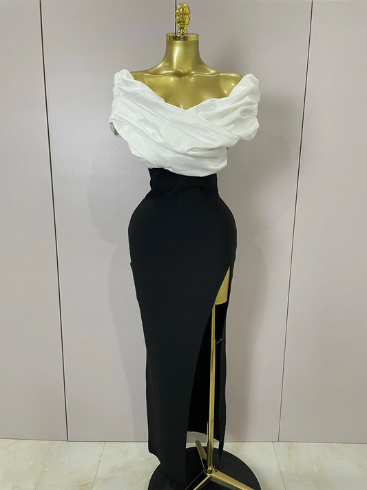 Sexy Off-Shoulder Side Slit Solid Color Pleat Skirt Strapless Bandage Women Evening Luxury Birthday Formal Party Dress WHITE