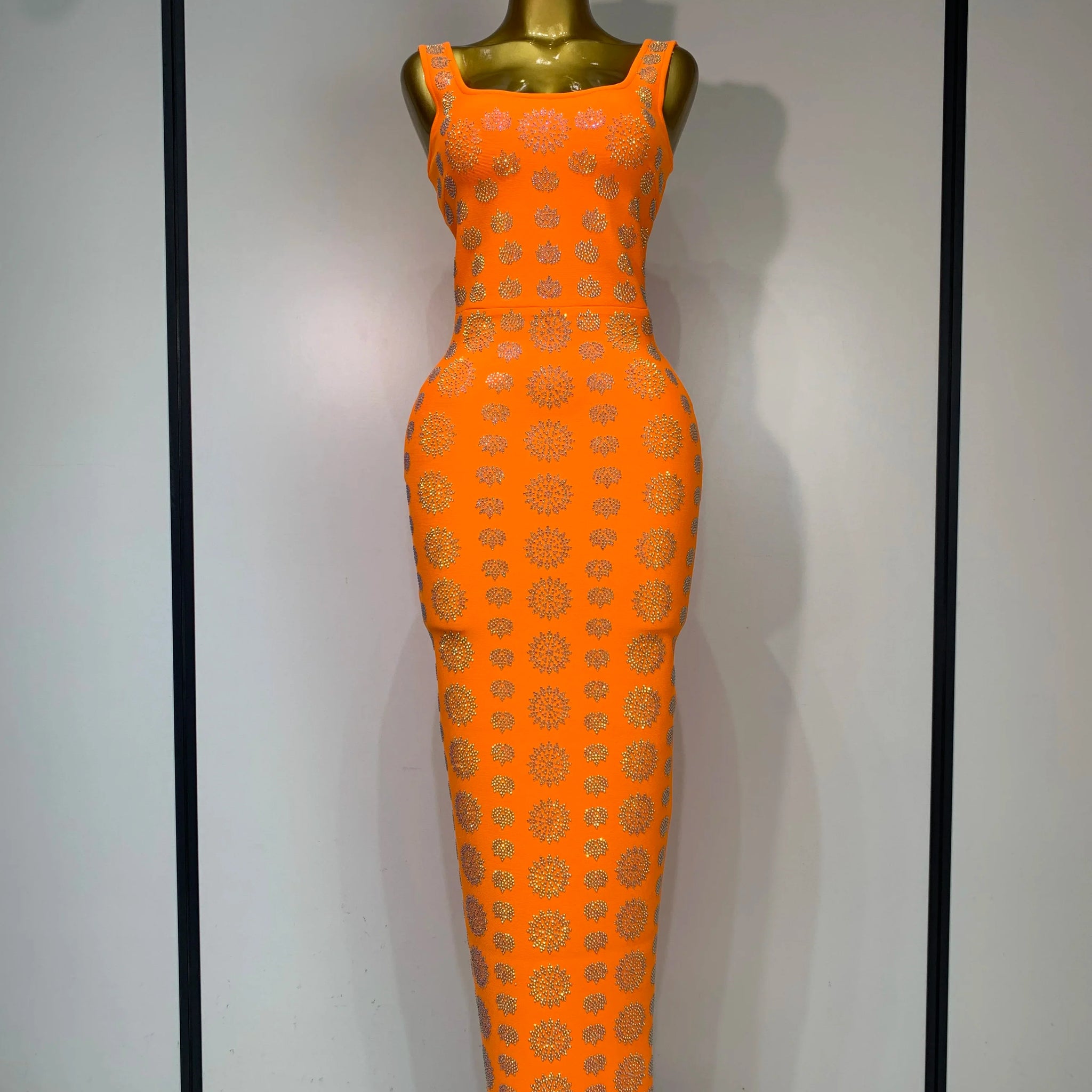 High Qulity Sparkling Diamonds Sleeveless Strech Bandage Dress Elegant Woman Evening Party Wedding Guest Luxury Birthday Dress Orange