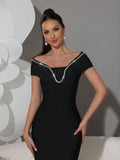 Sexy Off Shoulder Diamond Tight Bandage Maxi Long Dress Women's Short Sleeve Elegant Celebrity Evening Party Gowns