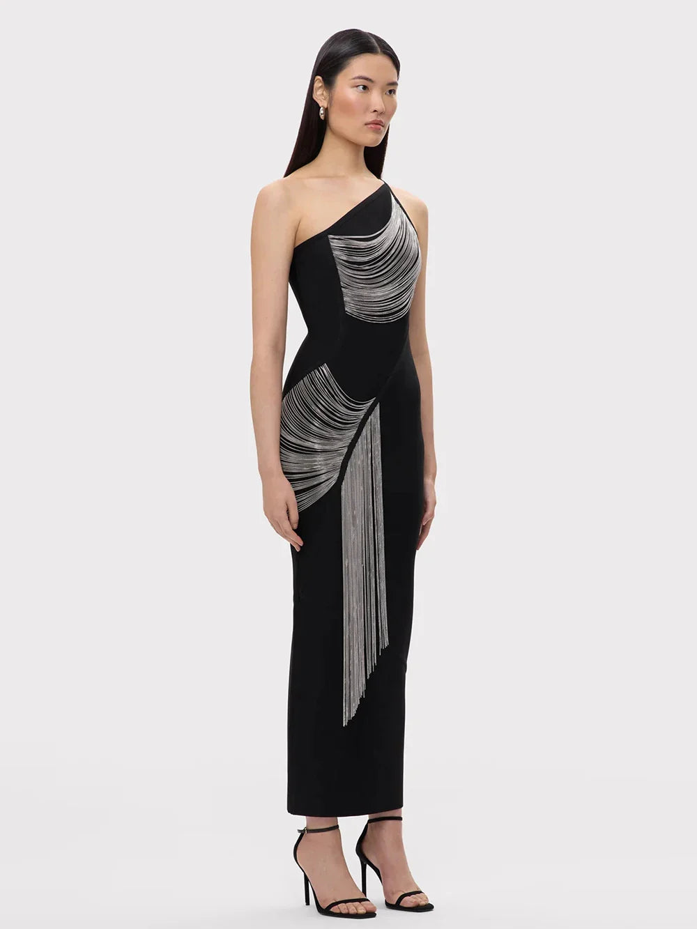 Women Sexy One shoulder Tassels Black Maxi Bodycon Bandage Dress Summer Elegant Cocktail Evening Club Party Gowns