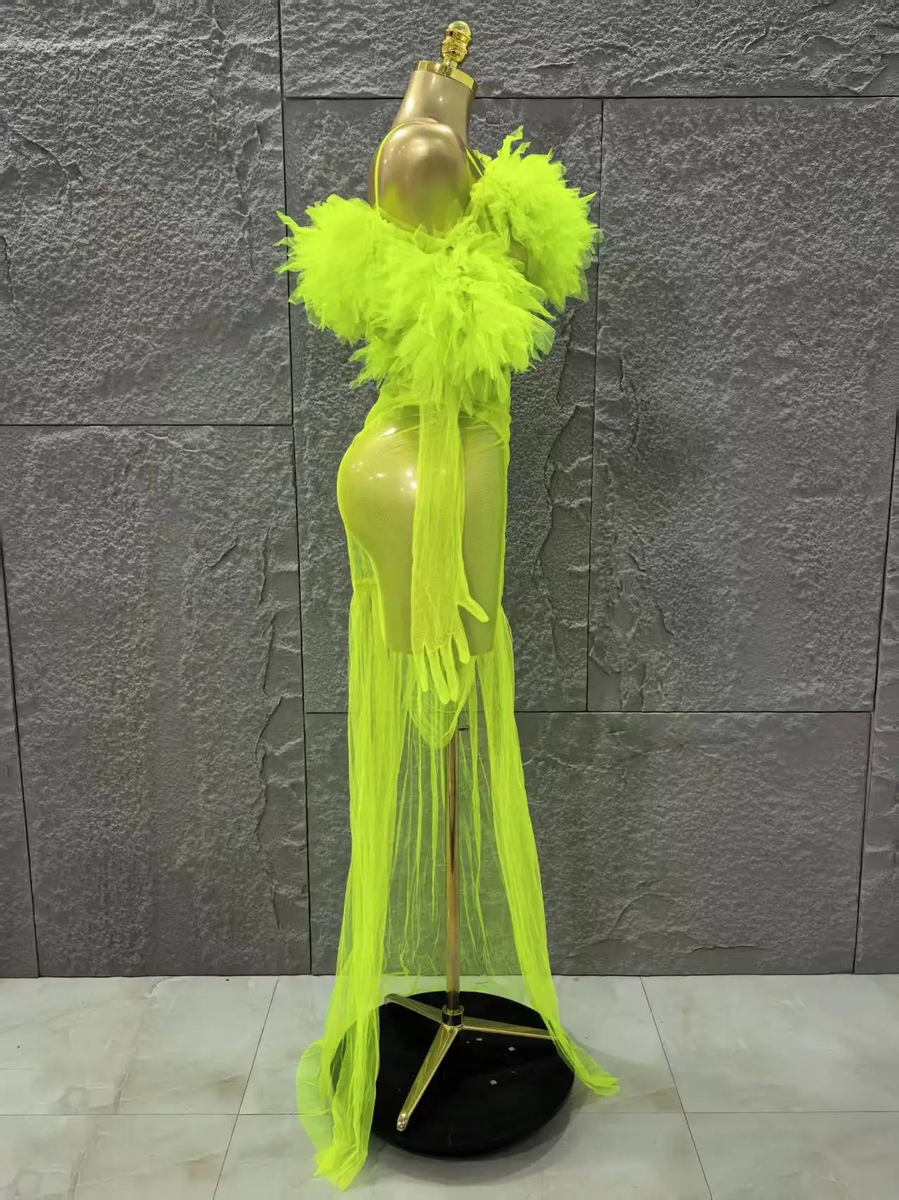 Mesh Ruffles Sexy See Through Bodycon Mini Dress Gloves Celebrate Nightclub Party Birthday Fashion Photo Shoot Wear