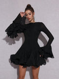 Solid Spliced Button Slimming Mini Dresses For Women O Neck Long Sleeve High Waist Patchwork Ruffles Female Fashion New 2025
