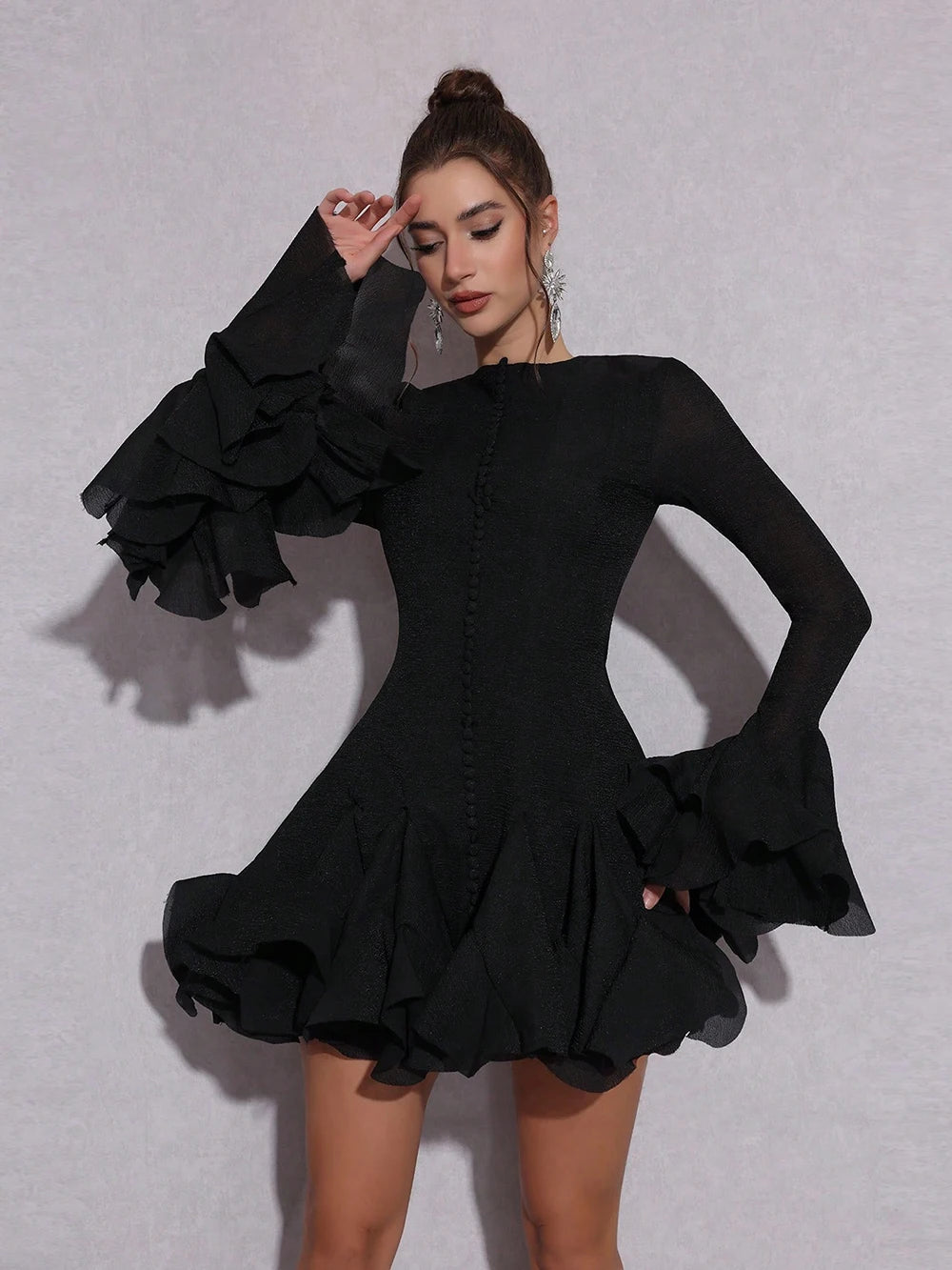 Solid Spliced Button Slimming Mini Dresses For Women O Neck Long Sleeve High Waist Patchwork Ruffles Female Fashion New 2025