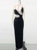 Sexy Women'S Light Luxury Nail Bead Bandage Dress Strapless Sleeveless Patchwork Bodycon Backless Long Dress Party Vestidos black