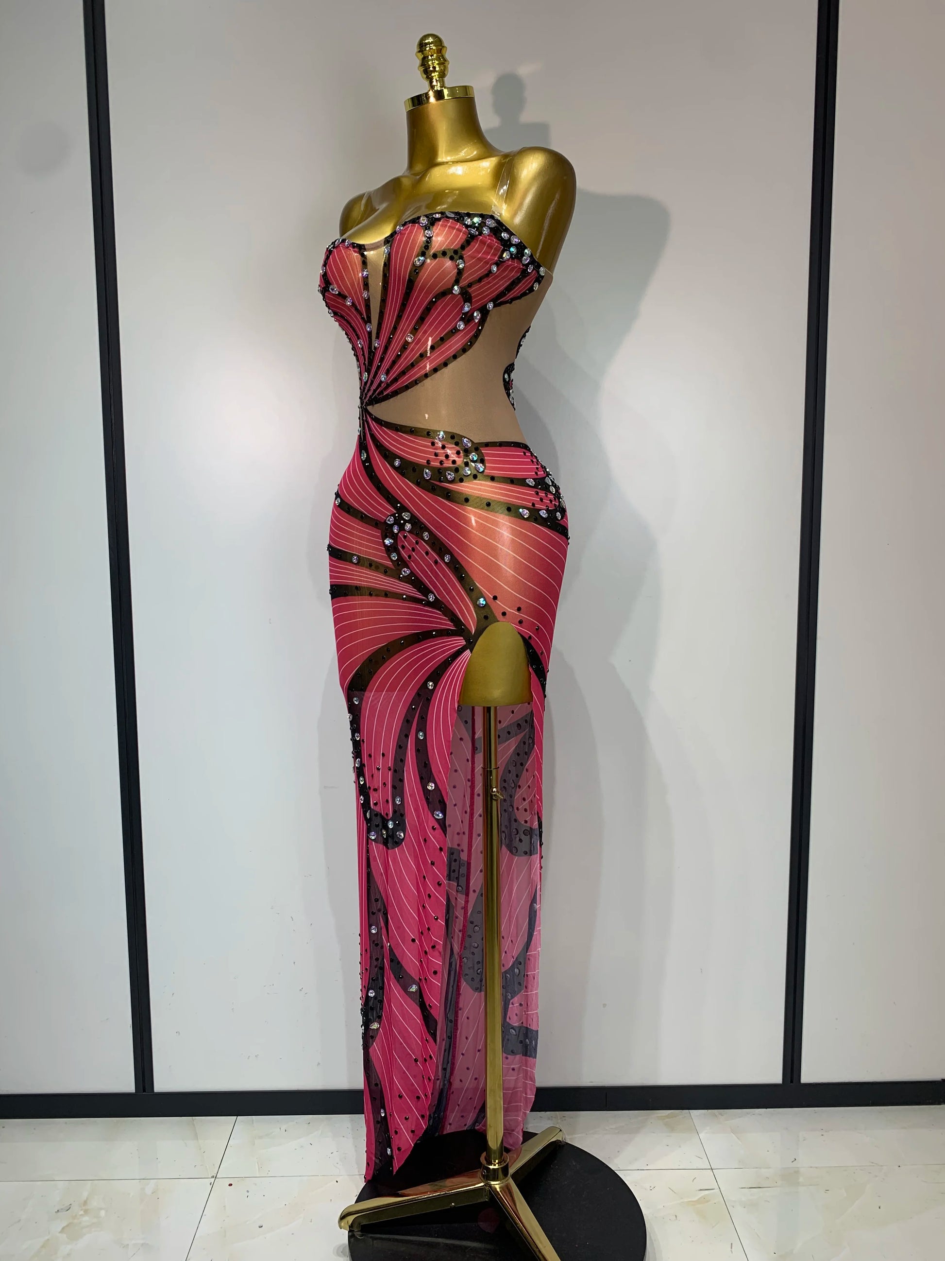 Women Sexy Backless Sparkly Rhinestones Mesh See Through Maxi Dress Luxury Birthday Singer Stage Costume Evening Party Vestido