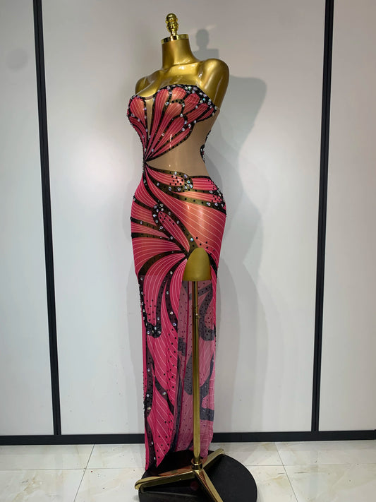 Women Sexy Backless Sparkly Rhinestones Mesh See Through Maxi Dress Luxury Birthday Singer Stage Costume Evening Party Vestido