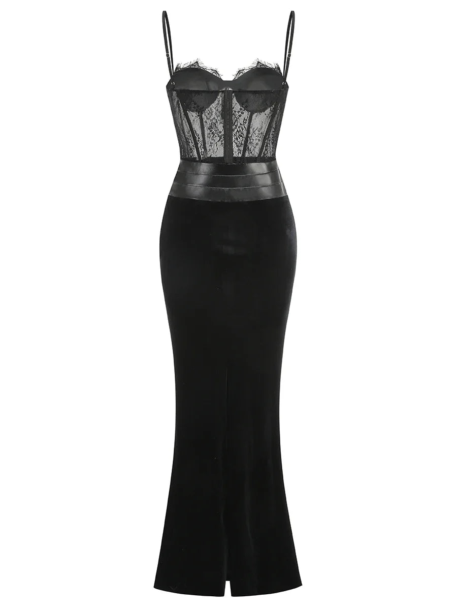 Black Color Women Sleeveless Sexy Strap Lace Bodycon Long Dress Valentine's Day Celebrate Birthday Vacation Outfit Vestido