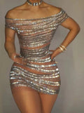 Sparkly Rhinestones Women Sexy Mesh Slash Neck Bodycon Mini Dress Celebrate Birthday Party Photo Shoot Dress Stage Wear
