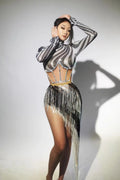 White Black Shinning Sequins Tassels Women Sexy Long Sleeve 2 Pieces Bodycon Mid-calf Dress Latin Performance Costume Stage Wear