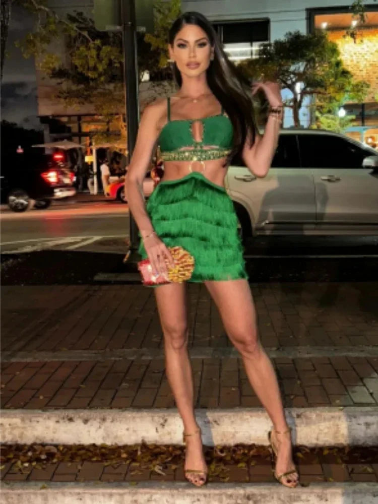 Stylish Tassel Sexy Hollow Out Spaghetti Strap Mini EvenDress Summer Holiday Vocation Vestido Music festival Outfit