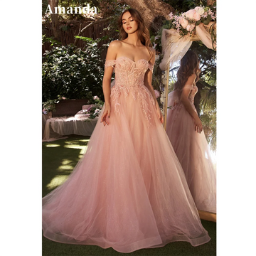 Dusty Pink Vestido De Novia Princess Off Shoulder Evening Dress Sweet Shiny Lace A-line Tulle Prom Dress