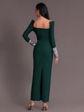 Women'S Elegant Bandage Dresses Square Neck Long Sleeved Nail Bead Design Bodycon Long Dress Evening Party Vestidos