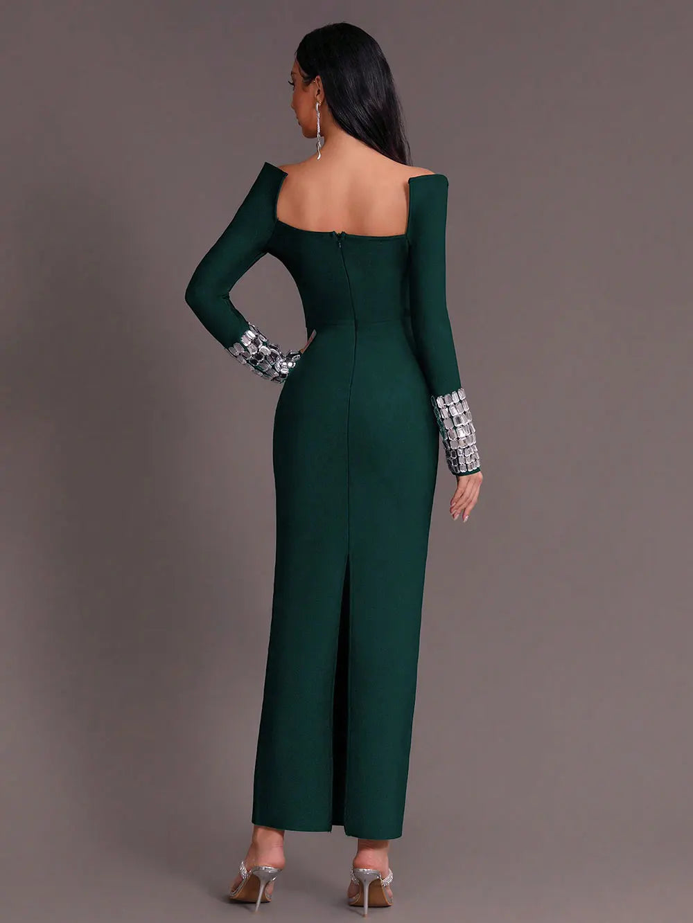 Women'S Elegant Bandage Dresses Square Neck Long Sleeved Nail Bead Design Bodycon Long Dress Evening Party Vestidos
