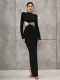 Women'S Light Luxury Nail Bead Sexy Backless Bandage Dress Stand Collar Long Sleeved Bodycon Backless Long Dress Vestidos