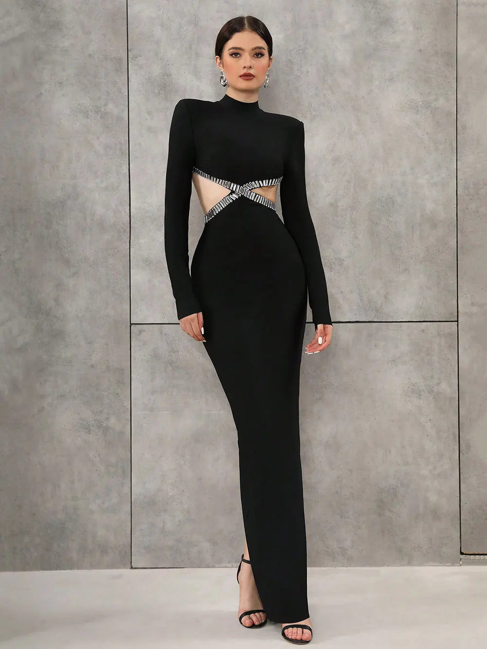 Women'S Light Luxury Nail Bead Sexy Backless Bandage Dress Stand Collar Long Sleeved Bodycon Backless Long Dress Vestidos