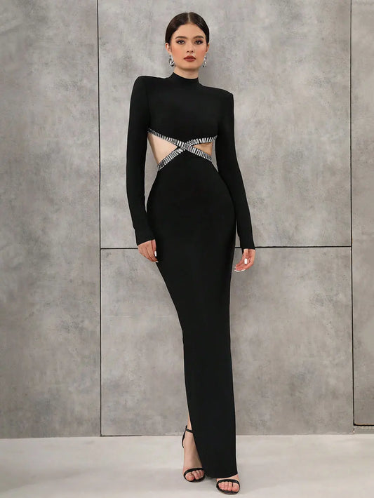 Women'S Light Luxury Nail Bead Sexy Backless Bandage Dress Stand Collar Long Sleeved Bodycon Backless Long Dress Vestidos