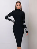 Elegant Women's Bead Design Bandage Dress High Neck Long Sleeve Bodycon Flute Dress Cocktail Evening Party Vestidos