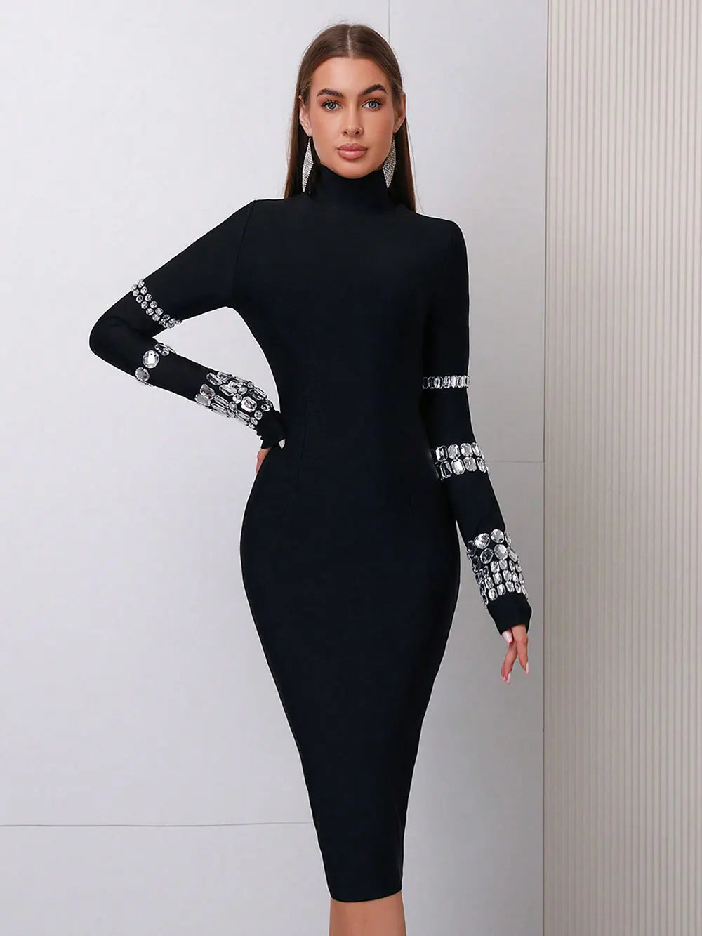 Elegant Women's Bead Design Bandage Dress High Neck Long Sleeve Bodycon Flute Dress Cocktail Evening Party Vestidos