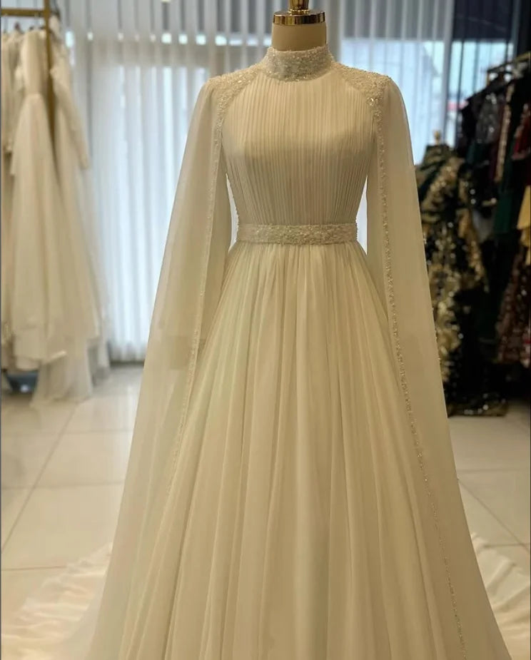 White Muslim Caftan Saudi Wedding Dresses With Cape Sparkly Crystal High Neck Kaftan Customsized Bridal Gown Garment