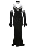 Women's Light Luxury Nail Bead Design Velvet Dress+Neck+Glove Design Strapless Sleeveless Bodycon Split Body Long Dresses