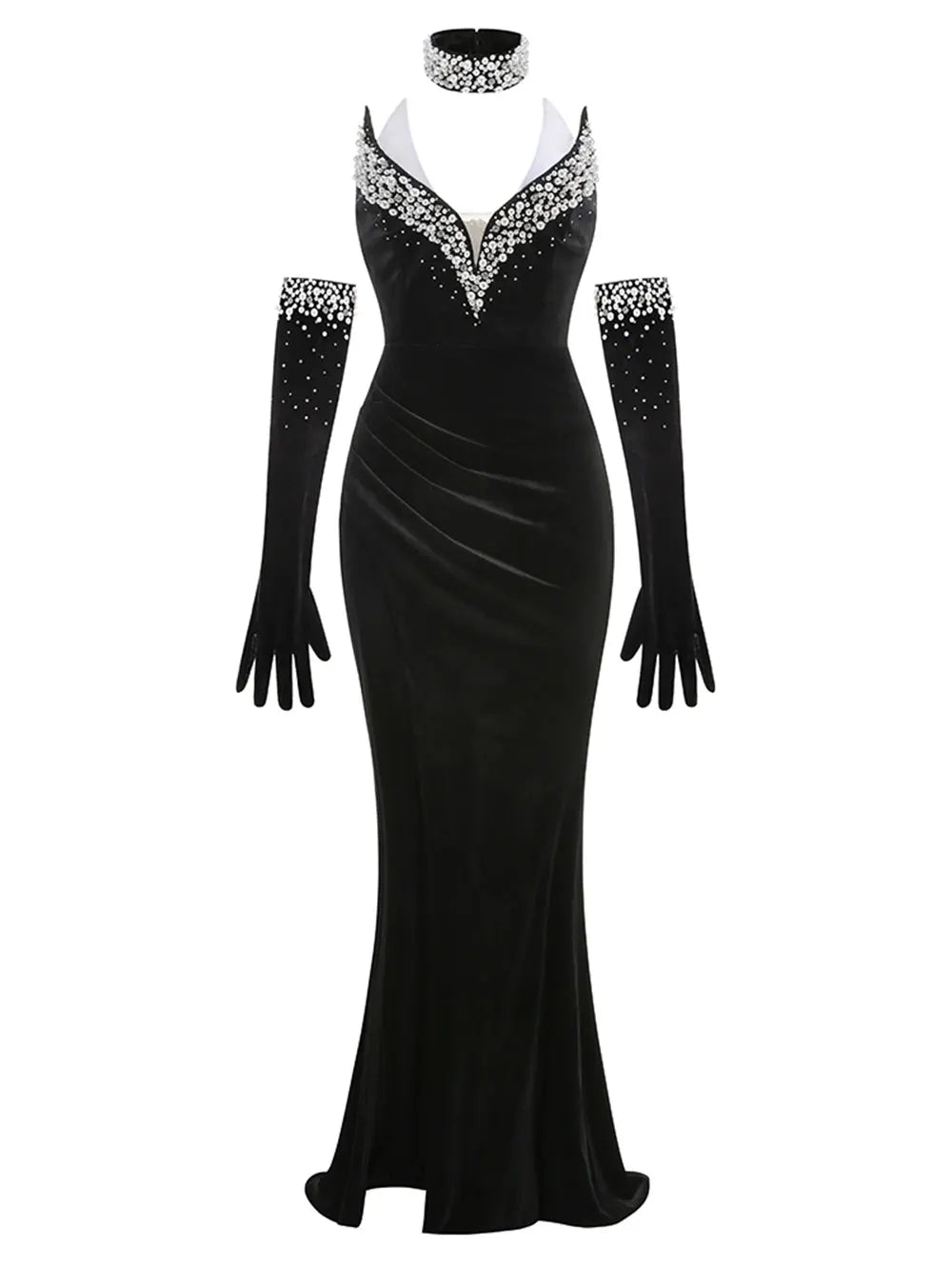 Women's Light Luxury Nail Bead Design Velvet Dress+Neck+Glove Design Strapless Sleeveless Bodycon Split Body Long Dresses