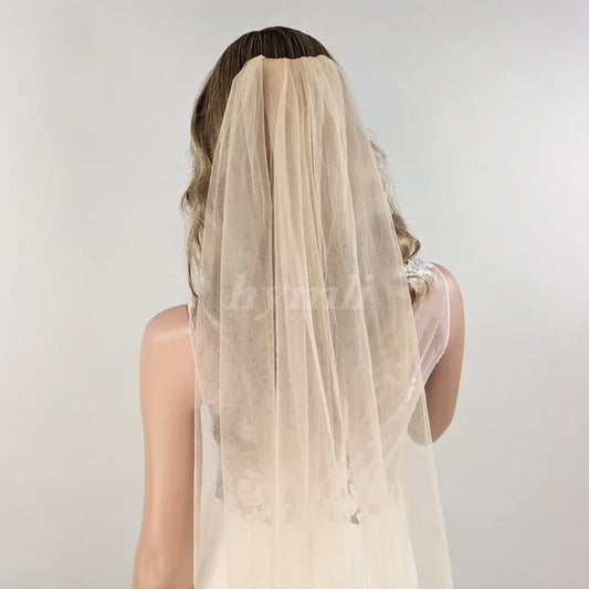 Champagne Wedding Veil Soft Tulle Single Tier Rounded Edge with Gold Bridal Comb